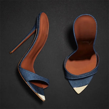 Denim Women Slippers Metal Decoration Pointed Toe Mules Shoes Super-high Heel Sandals
