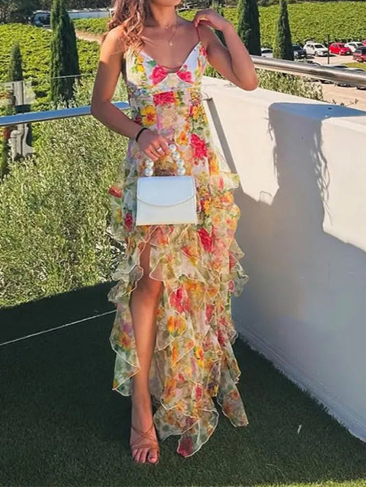 Chiffon Print Ruffles Slip Dress Sleeveless Backless Side Split Party Evening Dress