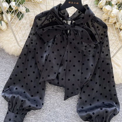 Vintage Polka Dot Tops Puff Sleeve Bow Lace Up Design Blouse
