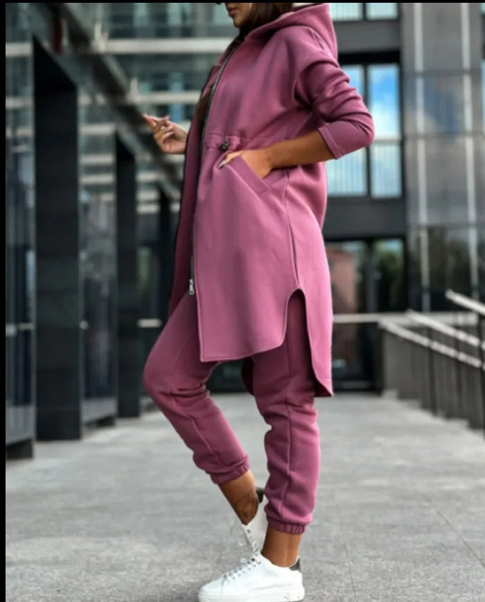 Women Pant Set Hooded Zipper Long Coats Two Piece Suits Casual Straight Pants