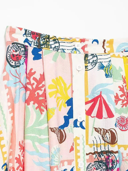 Colorful Printed Suspenders Skirt Set Women Patchwork Quilted High Waist Skirt Two Piece Summer