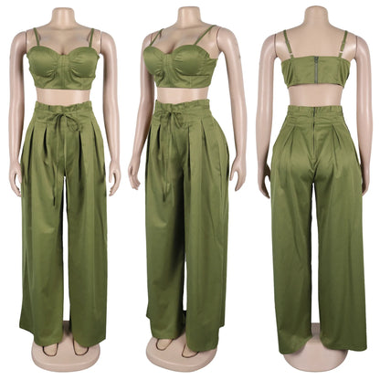 Sexy Zip Crop Camisole and High Waisted Drawstring Wide Leg Trousers 2 Piece Women Pants Suit Streetwear