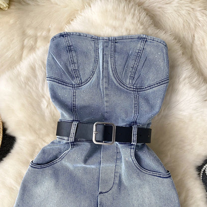 Women Denim One Pieces Summer Playsuit High Waist Slim Sleeveless Strapless Sashes Outfits