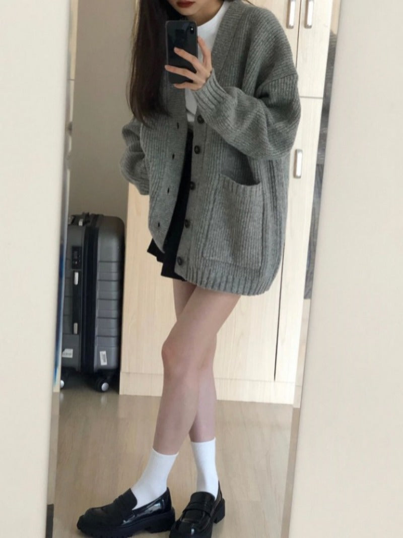 Women Cardigan Long Sleeve V-neck Loose Knitted Sweater Cardigan