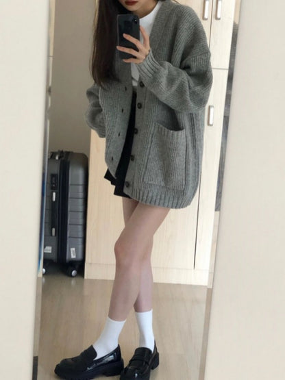 Women Cardigan Long Sleeve V-neck Loose Knitted Sweater Cardigan