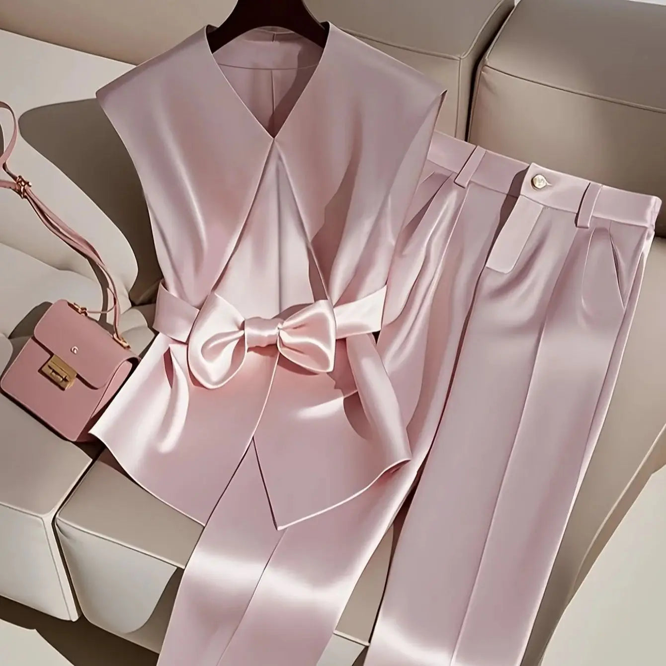 Elegant, simple solid color sleeveless romantic date top and trousers two-piece set