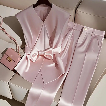 Elegant, simple solid color sleeveless romantic date top and trousers two-piece set