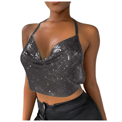 Sexy Sequins Metal Crop Tops Women Suspenders Halter Backless Night Club Tank Top