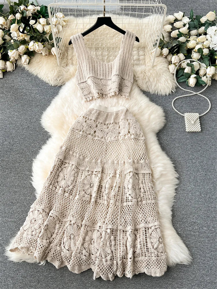 Bohemian Vintage Knit Two Piece Tank Tassels Crop Tops+Loose Hooked Hollow Out Skirt Beach Outfit