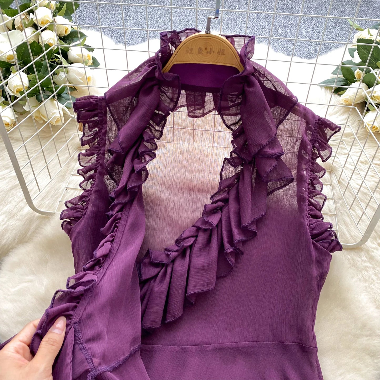 Sweet Ruffles Chiffon Blouses Women Sleeveless V Neck Retro Lace Up Blouse