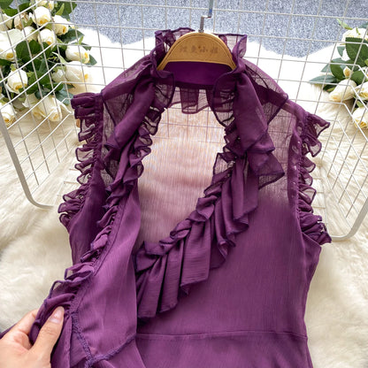 Sweet Ruffles Chiffon Blouses Women Sleeveless V Neck Retro Lace Up Blouse
