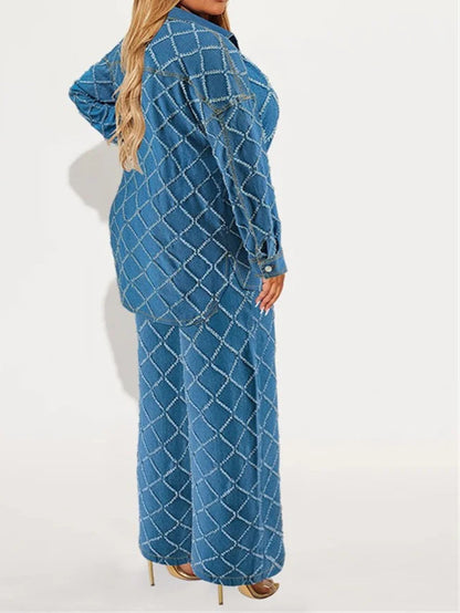 Plus Size Denim Two Piece Sets Women Long Sleeve Tops and Pants Matching Suits