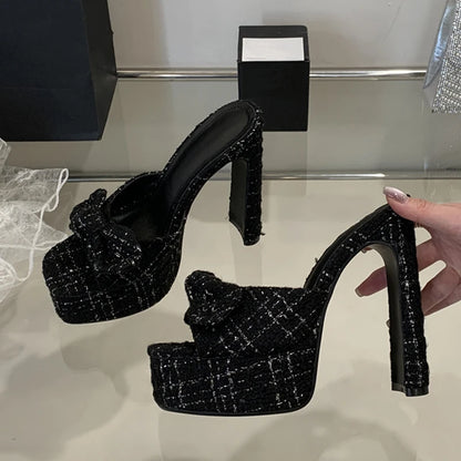 Pink Cloth Bowknot Designer Sandal Square Toe Super High Heels Platform Slippers for  Women
