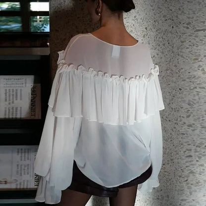 White Chiffon Shirt Women's V-Neck Sexy See Through Shirt Beach Ruffle Blouse