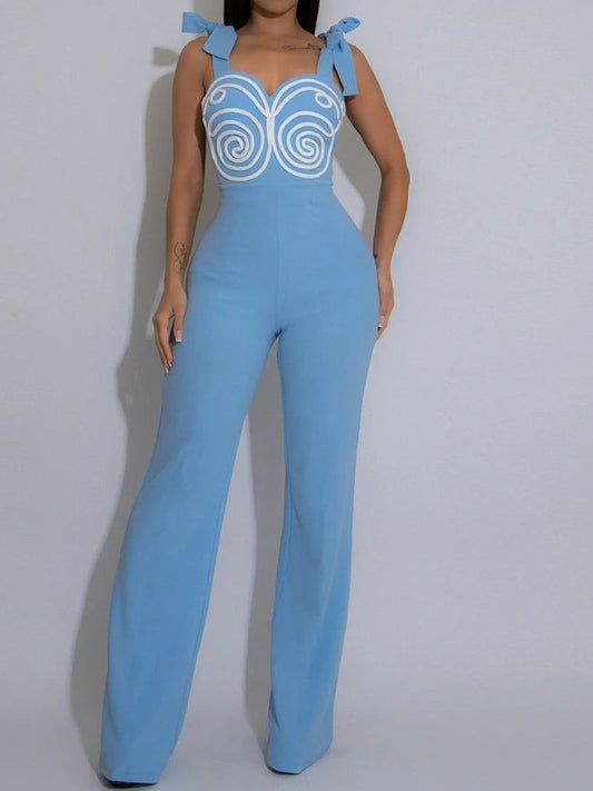 Women Geometric Bowknot Shoulder Sleeveless Jumpsuits Vacation One Piece Set
