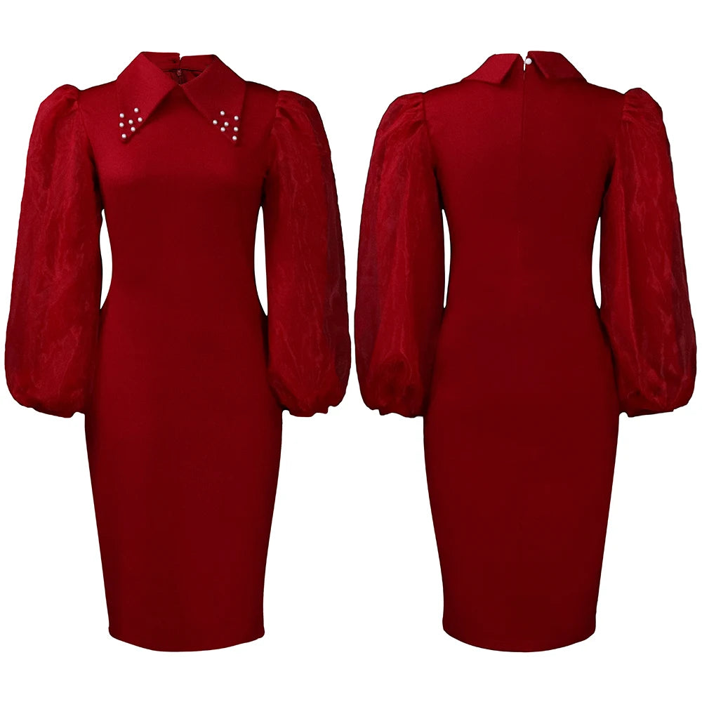 Elegant Office Dress fro Women Professional Full Sleeve Turn Down Collar Beaded Sheath Package Hips Mid Calf Formal Work Dress