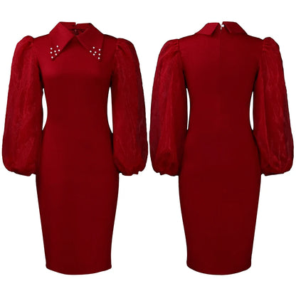 Elegant Office Dress fro Women Professional Full Sleeve Turn Down Collar Beaded Sheath Package Hips Mid Calf Formal Work Dress