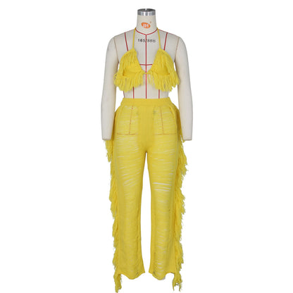 Tassel Knitted Pants Two Piece Set Resort Outfit Vacation Outfit Beach Cover Up
