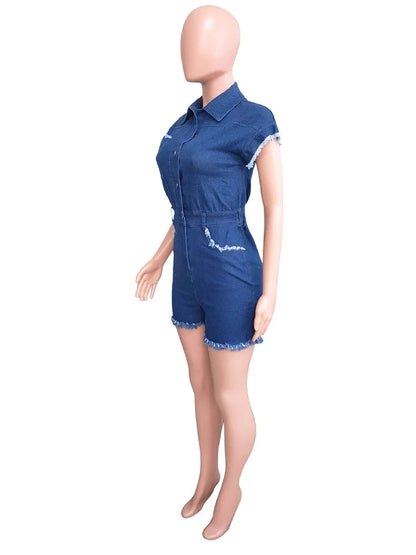 Elastic Blue Jeans One Piece Overalls Women Short Sleeve Turn-down Collar Stretch Denim Short Jumpsuit Romper Playsuits