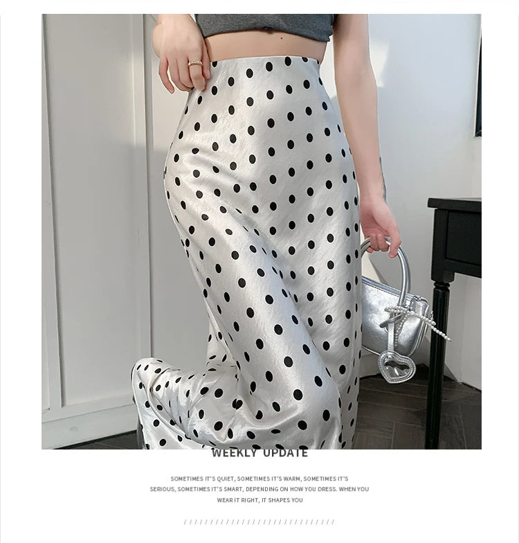 Polka Dot Satin Skirt Women's High Waist Versatile Elegant Dot Long Skirt