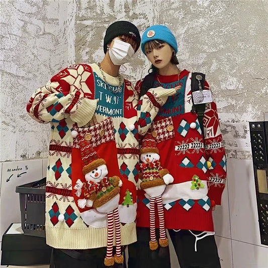 Christmas Style Pullover Sweater Women Y2K Crew Neck Couples Knit Sweater