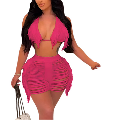 Women Fringe Tassel Bikini Shorts Set Hollow Out Jamaican Crochet Swimwear Summer Beach Knitted Cover Up Swimsuit