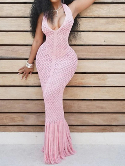 Sexy Deep V Neck Halter Tassel Women Knitted Long Bodycon Dress Maxi Dress