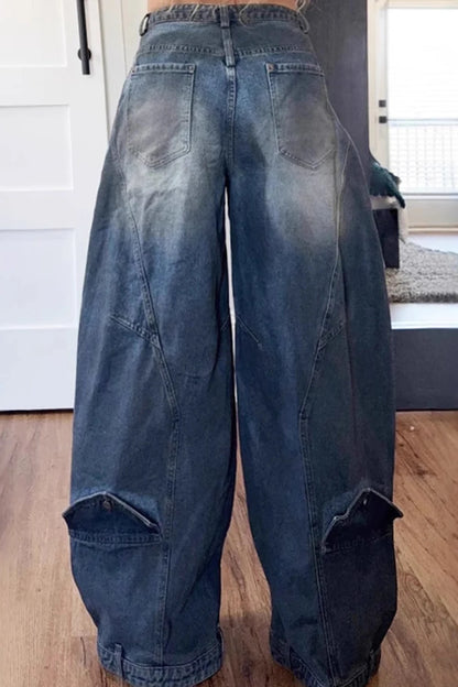 Women Loose Denim Jeans Pants Asymmetric Button Pocket Washed Jeans for Women