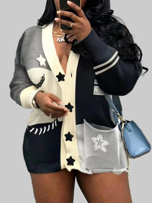 Black and White Knit Patchwork Oversized Cardigan Hipster V-Neck Full Sleeve Sweater