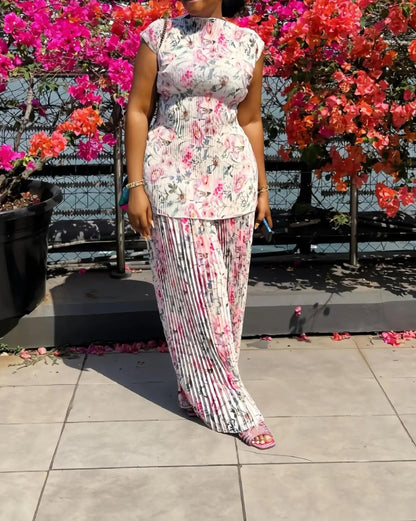 Women Set Floral Print Short Sleeve Pleated T-Shirt + Wide Leg Pants Two 2Piece Sets