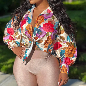 Women Silk Printed Casual Lantern Long Loose Blouse