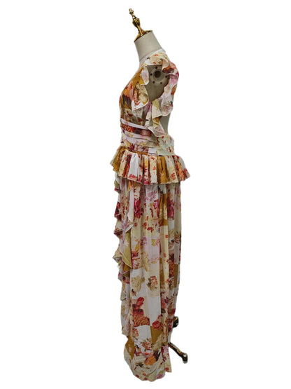 Maxi Dress for Women V Neck Sleeveless High Waist Patchwork Ruffles Edge French Sexy Printed Dress
