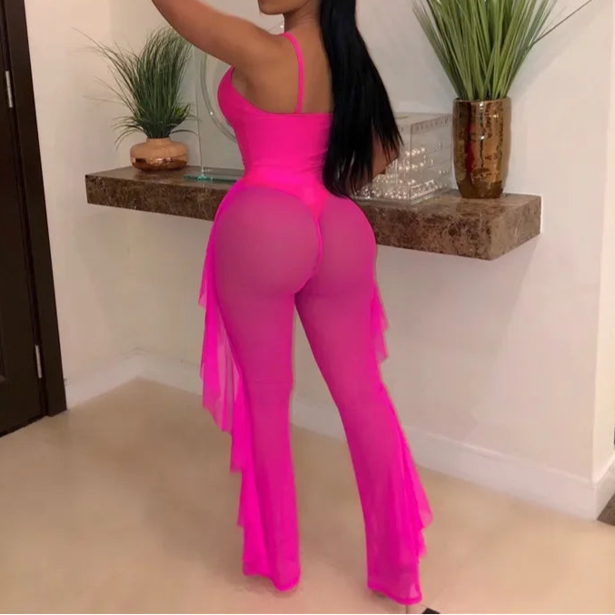 Hollow Out 2 Pieces Set for Woman Mesh See Through Bodysuit Top and Ruffles Pants Swimsuit Outfit