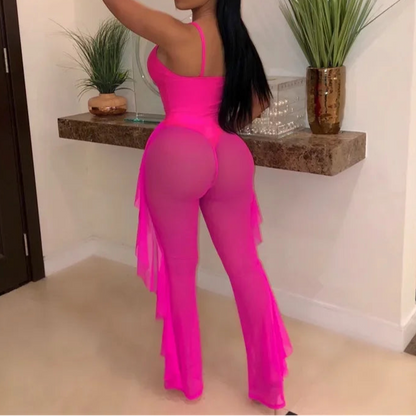 Hollow Out 2 Pieces Set for Woman Mesh See Through Bodysuit Top and Ruffles Pants Swimsuit Outfit