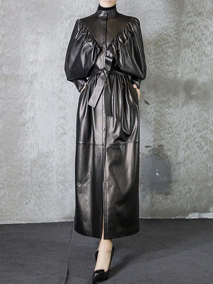 Green Black Maxi Soft Faux Leather Trench Coat for Women Luxury Retro Trench Coat