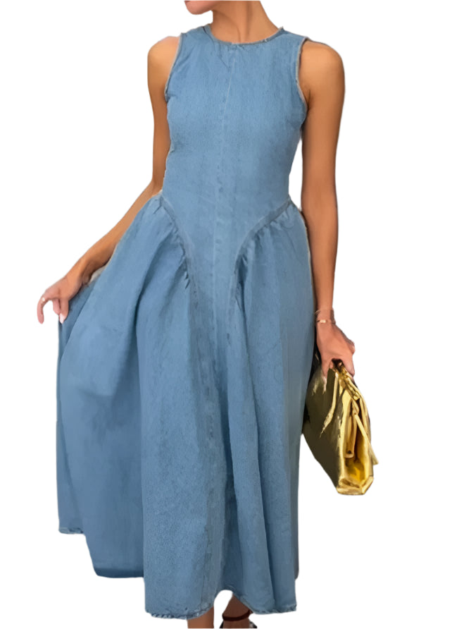 Women's Vintage Hollow Out Denim Maxi Dress Backless A Line Denim Robes Lace Up Dress