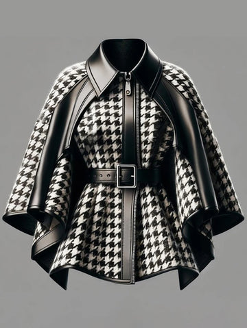 Houndstooth Pattern Women's Jacket Asymmetrical Cape Sleeves Jacket