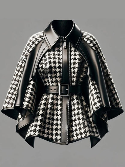 Houndstooth Pattern Women's Jacket Asymmetrical Cape Sleeves Jacket