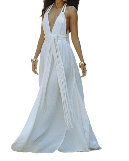 Backless Sexy V Neck Bohemian Long Dress Summer Maxi Sundress Vacation Outfit