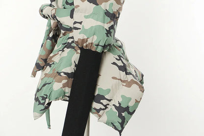 Women's Cotton-padded Coat Belt Irregular Waist Camouflage Knitted Sleeve Parkas Jackets Winter Jackets