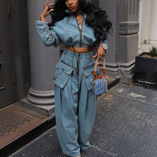 Denim Two Piece Sets Women Pant Set Y2k Streetwear Coats Jeans Elegant Matching Sets