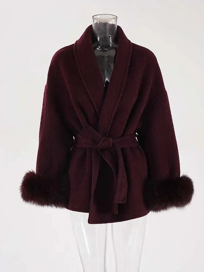 Women Overcoats Fur Patchwork Long Sleeve Woolen Coat