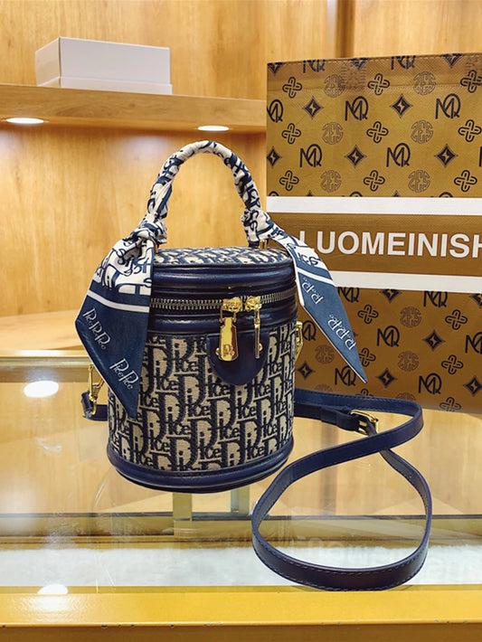 Lightweight Fabric Shoulder Bag, Blue/Black Letter Design, Detachable Strap & Scarf Bag