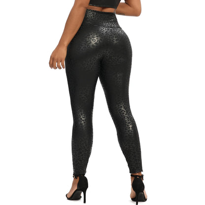 Leopard Faux Leather Pants Women High Waist PU Leggings Stretchy Slim Pencil Pants
