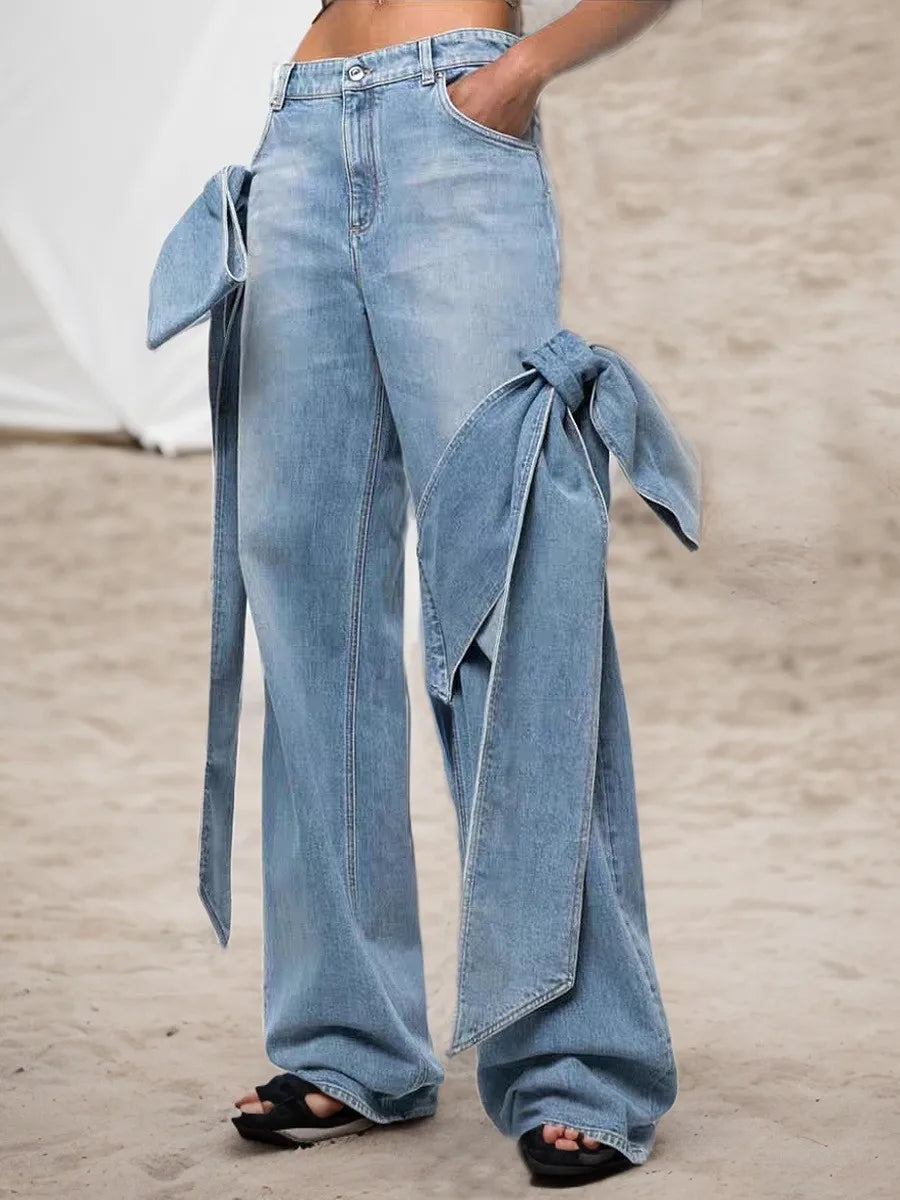 Jeans Women Bow Denim Wide Leg Floor Length Pant Y2k Mom Jeans