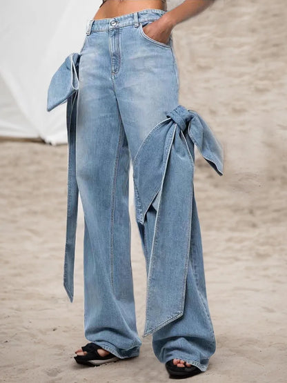 Jeans Women Bow Denim Wide Leg Floor Length Pant Y2k Mom Jeans