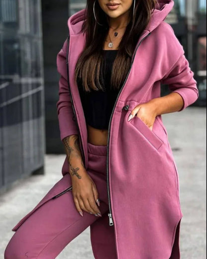 Women Pant Set Hooded Zipper Long Coats Two Piece Suits Casual Straight Pants