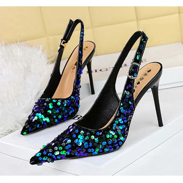 Sequined Cloth Woman Pumps Pointed Toe Thin Heels Hollow Buckle Strap Wedding Party Shoes