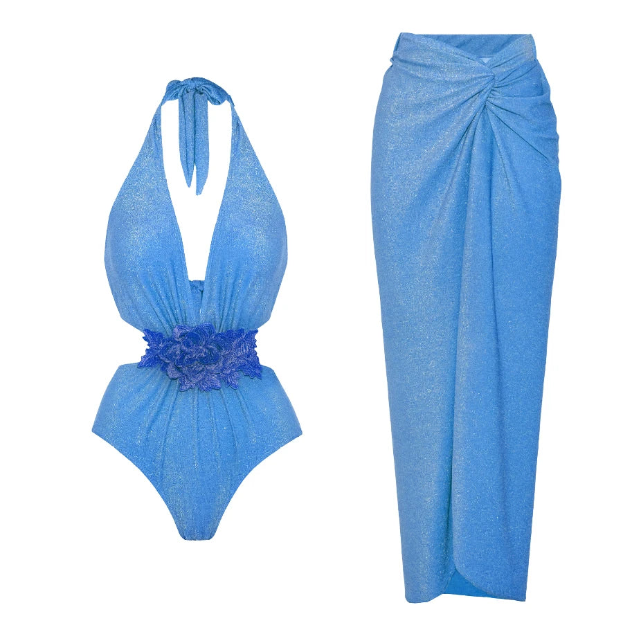 Swimwear Women With Skirt Bathing Suit Summer New Ruffle Splice Print Beachwear Bikini Cover Ups