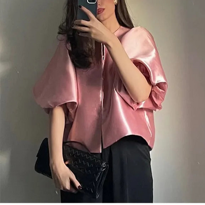 Solid Satin Women's Blouse Top With Pouf Balloon Sleeve O Neck Loose Blouses